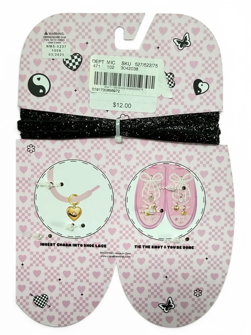 Capelli New York Girls 8 Piece Shoe Lace & Charm Set Black Glitter NWT